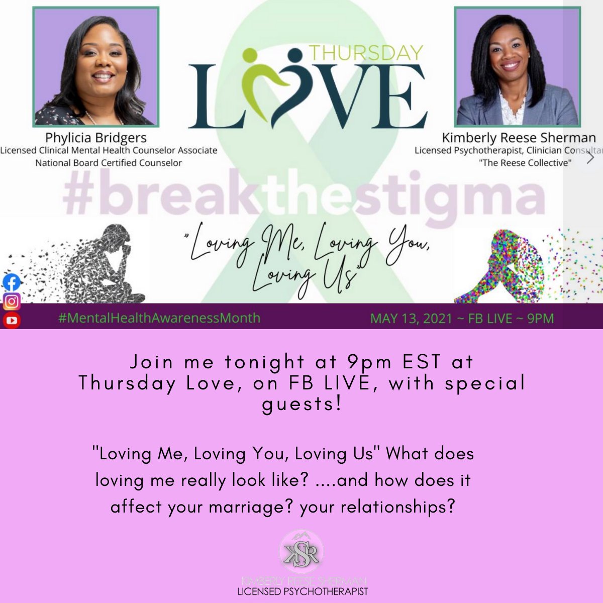 KReeseLCSW's tweet photo. Join me tonight at 9pm EST on
Thursday Love,  FB LIVE, with special guests!

"Loving Me, Loving You, Loving Us" is the motto that TL lives by, but what does loving me really look like? ....and how does it affect your marriage? your relationships?
#MentalHealthAwarenessonTL https://t.co/VV56kEjVtm