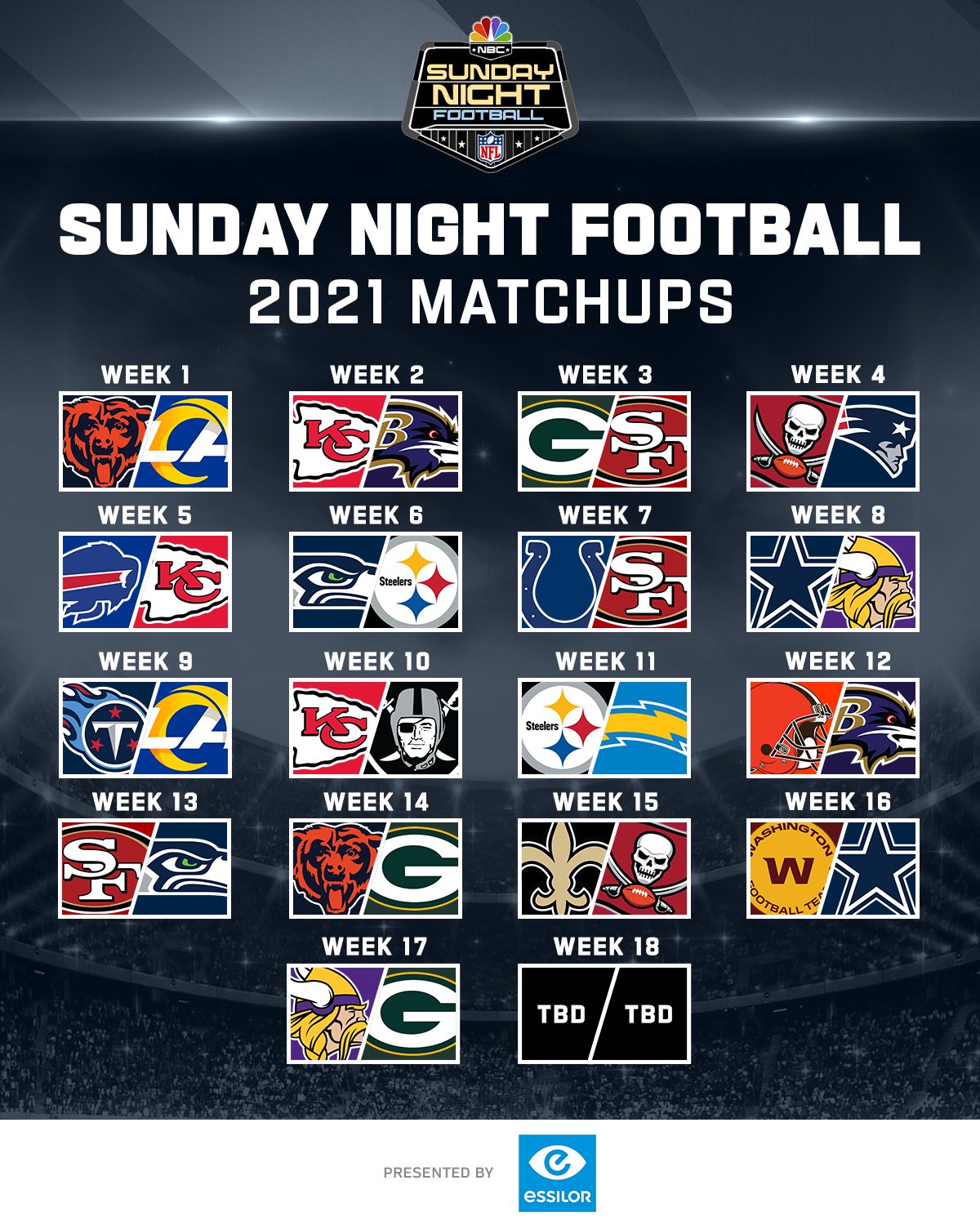 Thursday Night Football Schedule 2022 Nfl On Twitter: "The Biggest Sunday Night Football Schedule Ever! @Snfonnbc  (By @Essilorusa) 📺: #Nflschedulerelease Live On @Nflnetwork  Https://T.co/Kplh4Qsfr3" / Twitter