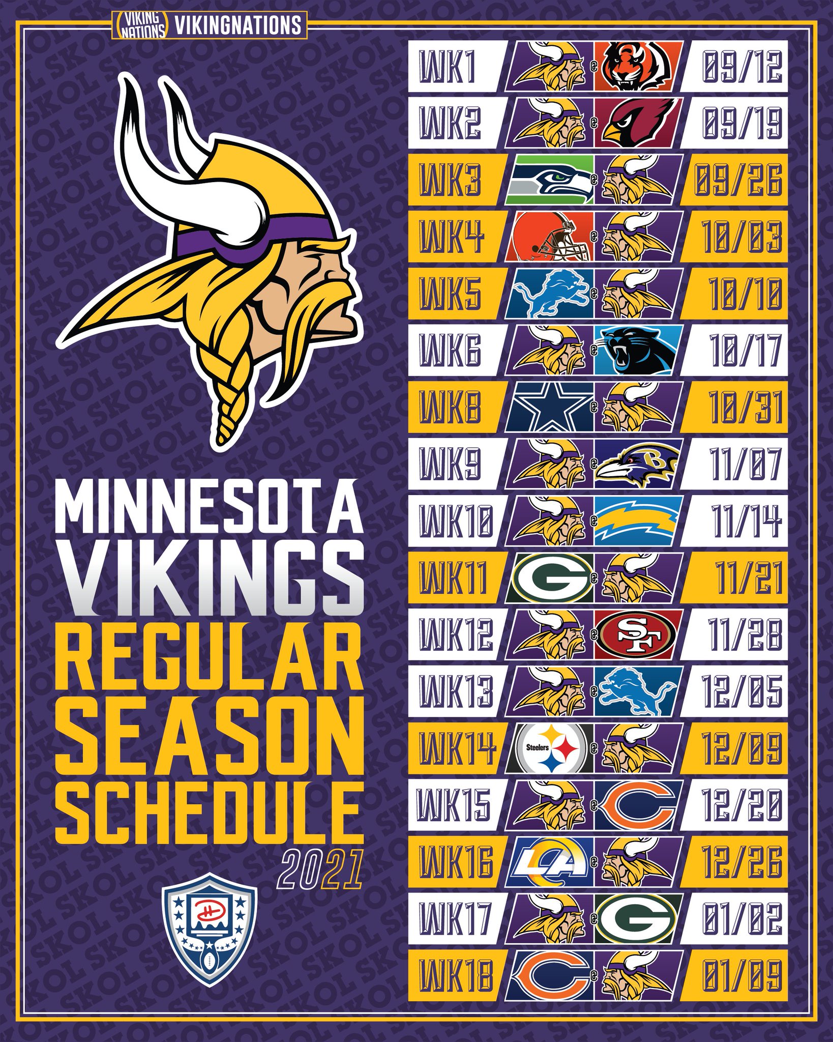 VikingNations on X: 'Your Minnesota #Vikings 2021 season schedule! #SKOL  #VKNT  / X