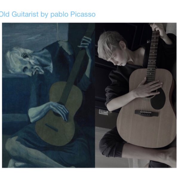 Mme_Lucio's tweet photo. Our students @WestminsterCent always love the art recreation challenge! Luke has nailed his recreation of Old Guitarist and Girl with a Pearl Earring over the last two years! #gettymuseumchallenge 
@MsBattista @audrey_stephen 
Thanks for the idea @GettyMuseum! https://t.co/ESyRrEgbpr