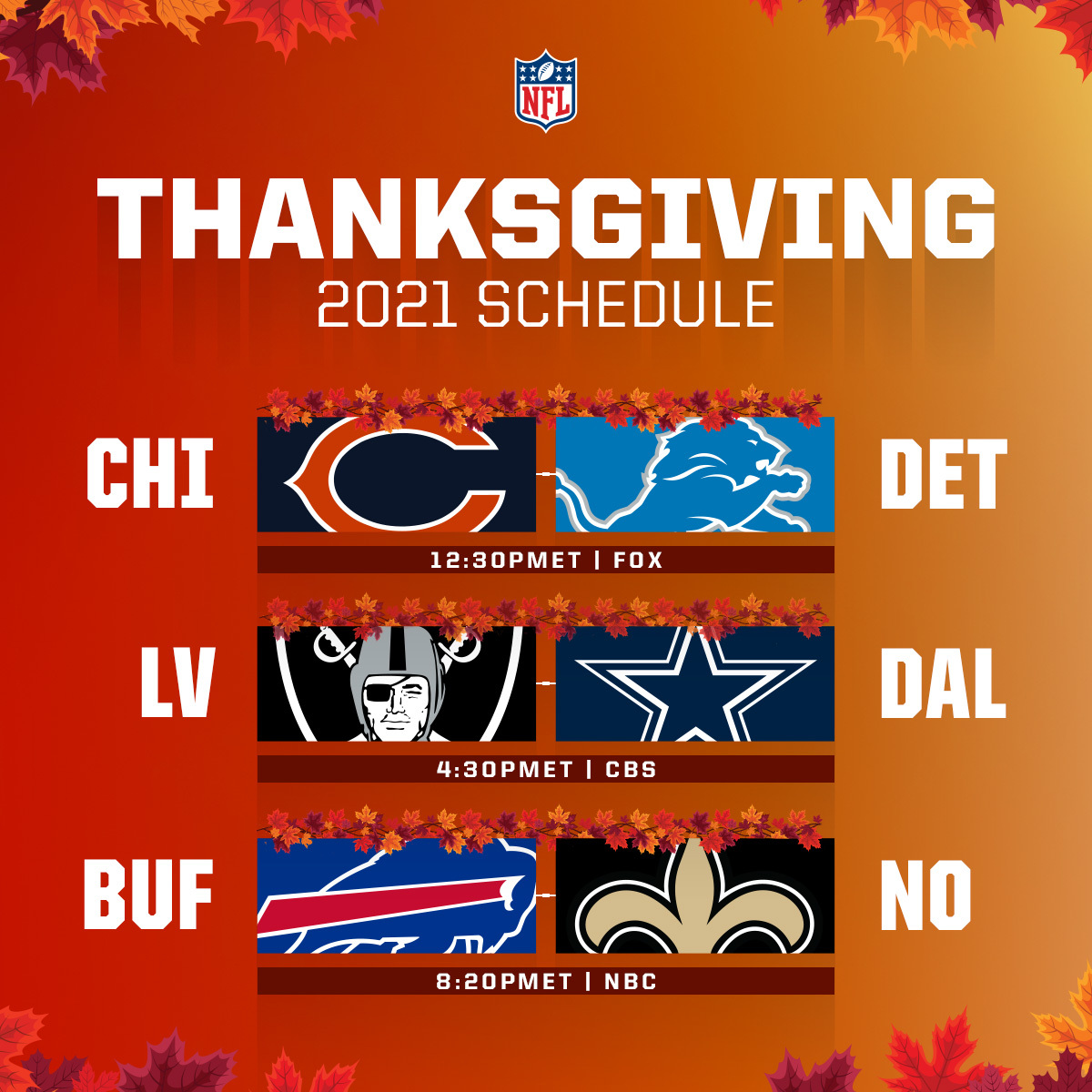 Raiders-Cowboys, Bills-Saints highlight NFL slate on Thanksgiving - Thanksgiving 2020 Nfl Football Games