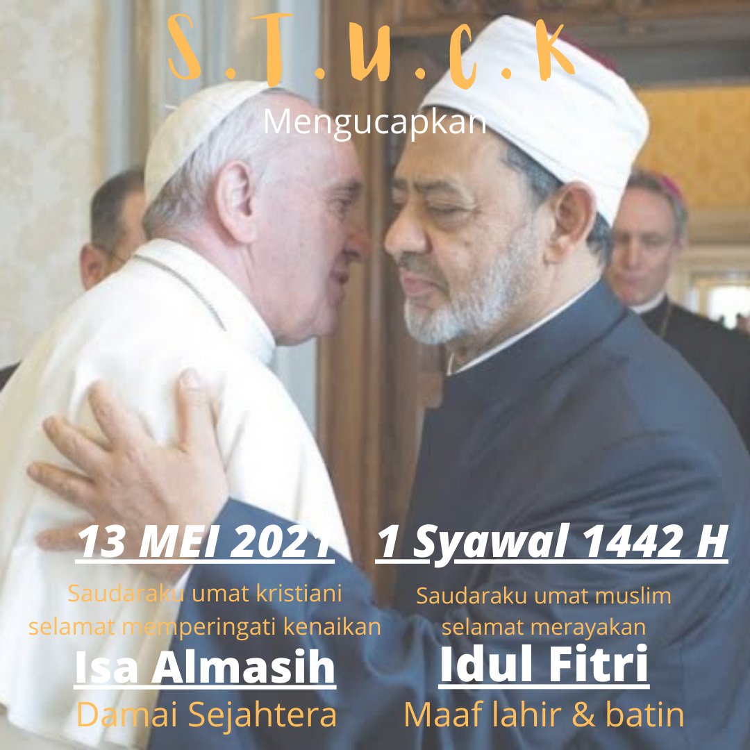 Minal aidin wal faizin
Taqabbalallahu minna waminkum wa ahalahullahu 'alaik
Dan juga kamis kudus, selamat memperingati hari kenaikan Isa Almasih damai sejahtera semua saudara-saudaraku
Aamiin