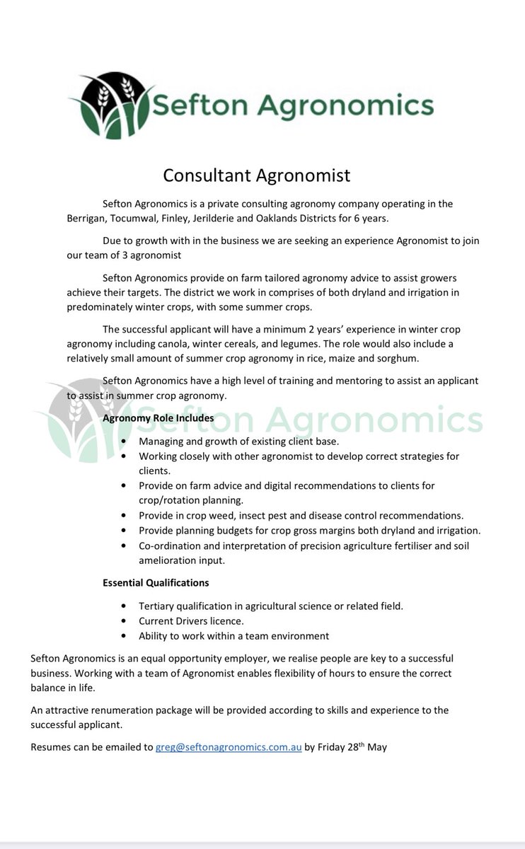 SeftonAg's tweet photo. Hello we are looking to employ a full time agronomist please see add below, feel free to tweet on😊 https://t.co/QbzxROCsGt