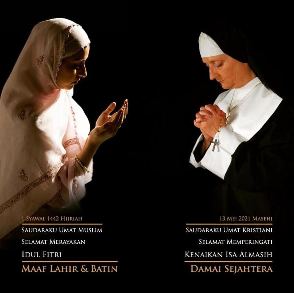 Dua hari raya agama terbesar didunia dihari yang sama

Betapa Tuhan tidak ingin kita tercerai-berai tapi ingin kita selalu bersatu, melangkah kaki bersama membawakan damai

Selamat memperingati kenaikan Yesus Kristus dan Selamat Merayakan Idul Fitri 1442 H

Damai untuk kita semua