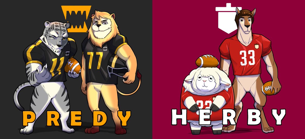 Illustration of 4 new characters! PREDY team designed to look strong and Herby team designed to look unique. How do they look like? #gamedev #indiedev #nfl #gameart #ZOOPORTS #WardGames #football #illustration #Steelers #Chiefs
