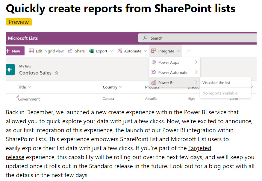 yugoes1021's tweet photo. 早期リリースが適用されていれば、数日中に SharePoint List および Microsoft List からの数クリックで Power BI Report が作れる統合機能が使えるようになるよーとのこと
#PBIJP #PowerBI #SharePointList #MicrosoftList #Microsoft365 https://t.co/CRHL0NcZYy