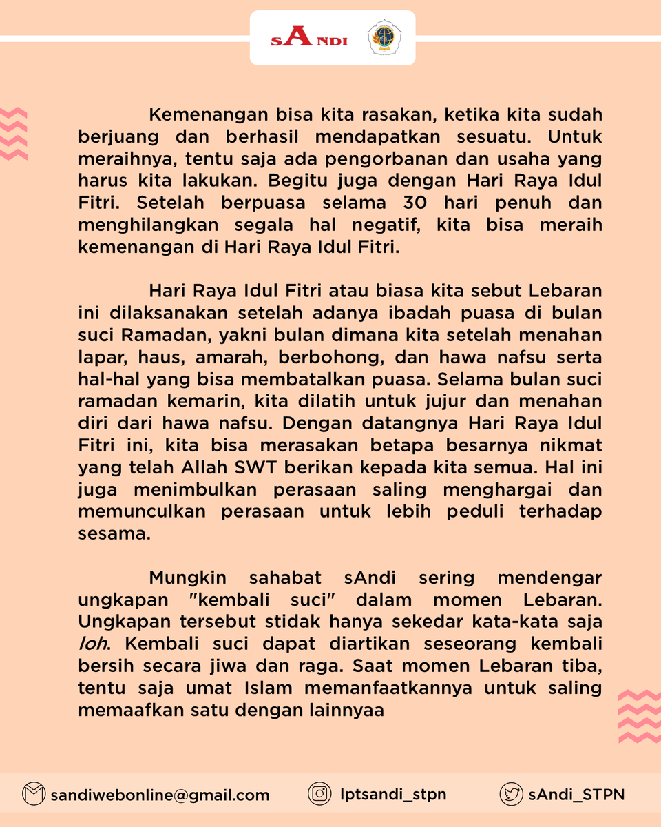 sAndi_STPN's tweet photo. ✨ KELUARGA BESAR JURNALISTIK LEMBAGA PERS TARUNA SASANA WIDYA BHUMI MENGUCAPKAN ✨

⚜️Happy Eid al-Fitr 1442 H⚜️

تَقَبَّلَ اللَّهُ مِنَّا وَمِنْكُمْ تَقَبَّلْ ياَ كَرِيْم 
Semoga kita dapat dipertemukan lagi dengan Ramadhan di tahun-tahun berikutnya, aamiin ya Robbal 'alamin. https://t.co/cLDXbfNfy5