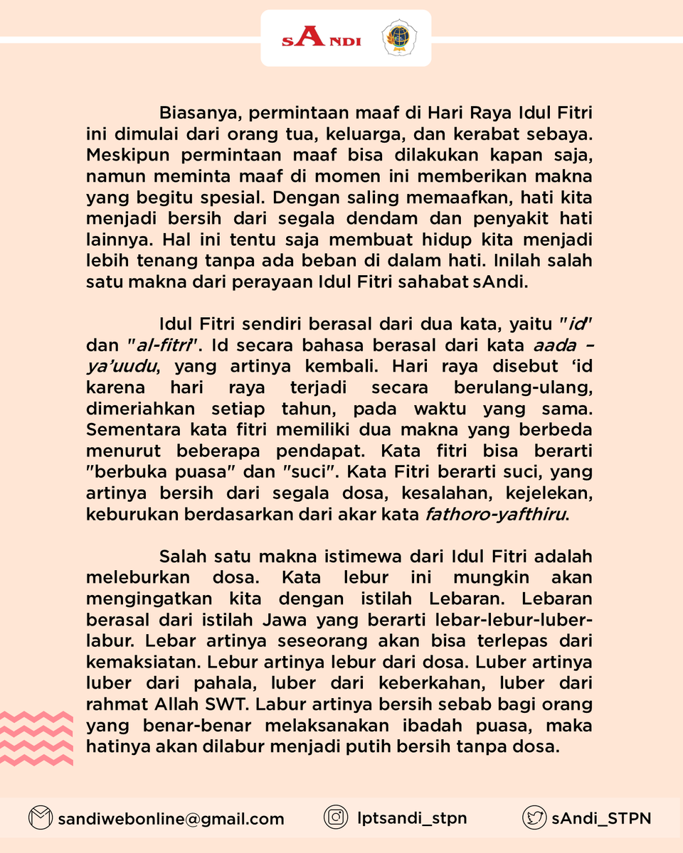 sAndi_STPN's tweet photo. ✨ KELUARGA BESAR JURNALISTIK LEMBAGA PERS TARUNA SASANA WIDYA BHUMI MENGUCAPKAN ✨

⚜️Happy Eid al-Fitr 1442 H⚜️

تَقَبَّلَ اللَّهُ مِنَّا وَمِنْكُمْ تَقَبَّلْ ياَ كَرِيْم 
Semoga kita dapat dipertemukan lagi dengan Ramadhan di tahun-tahun berikutnya, aamiin ya Robbal 'alamin. https://t.co/cLDXbfNfy5