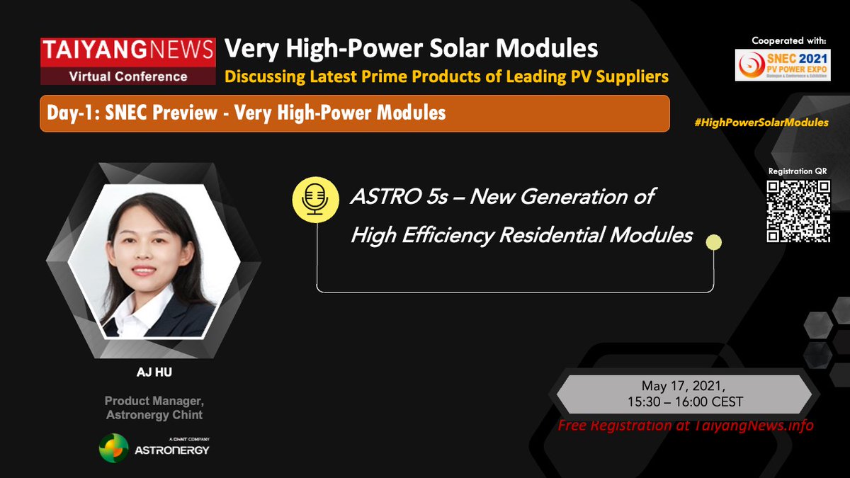 Astronergy/Chint Solar will  attend the conference on Very High-Power Solar Modules - Discussing Latest Prime Products Technology. At the same time, it will launch their ASTRO 5s product ... 
For #FreeRegistration click: lnkd.in/egGz_d8

energy.chint.com/en/index.php/n…
