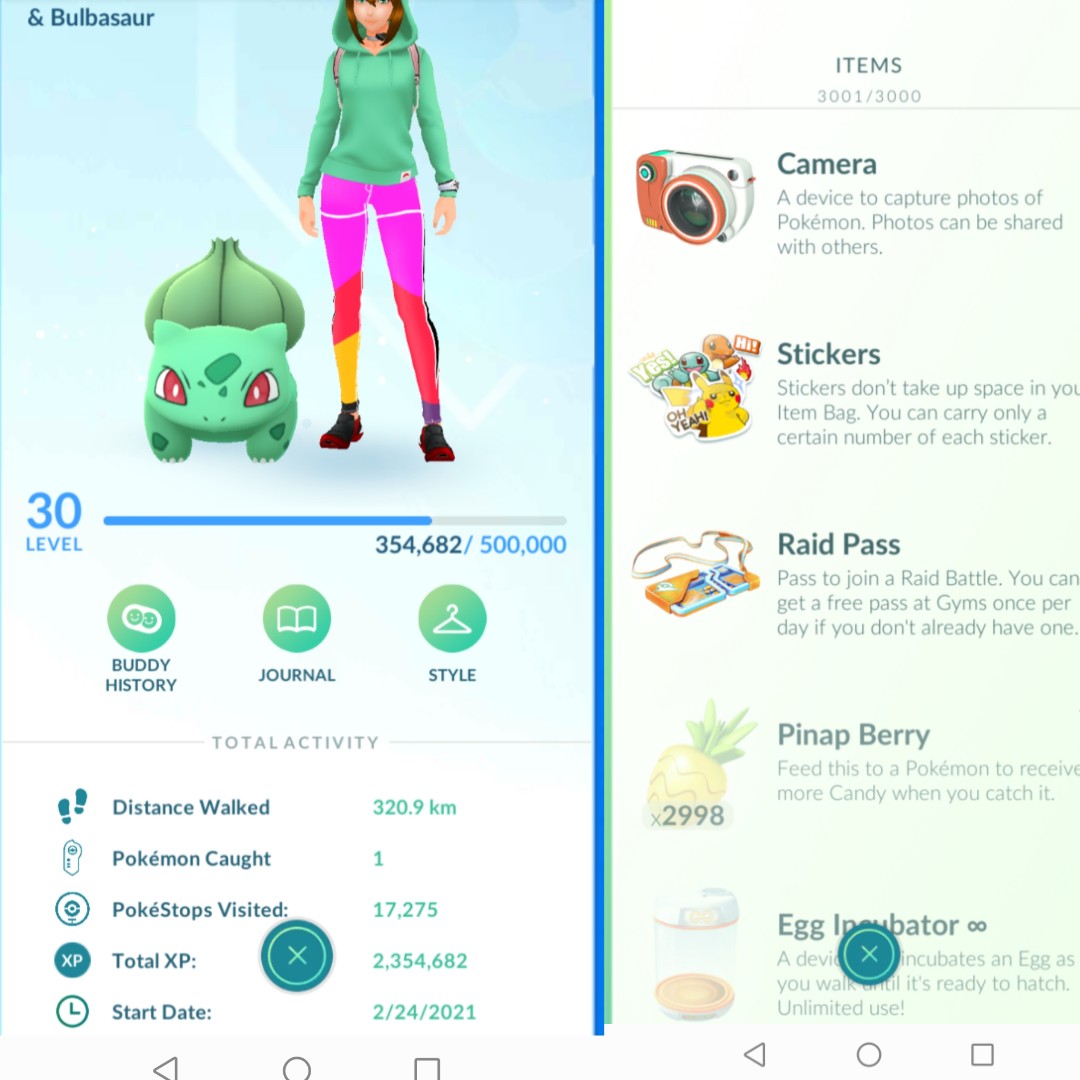 BulbaQuest's tweet image. The "3000" Pinap-berry inventory 😍💖🥰💞🥰 It just took 17.275 Pokestops (and only 1 Pokemon caugth) to reach it ❤️🥰💞💖😍
This is as close to 3000 Pinap berries I can come. Space 2998 Camera, 2999 free Raid pass and 3000 free incubator. 🤔💞🥰