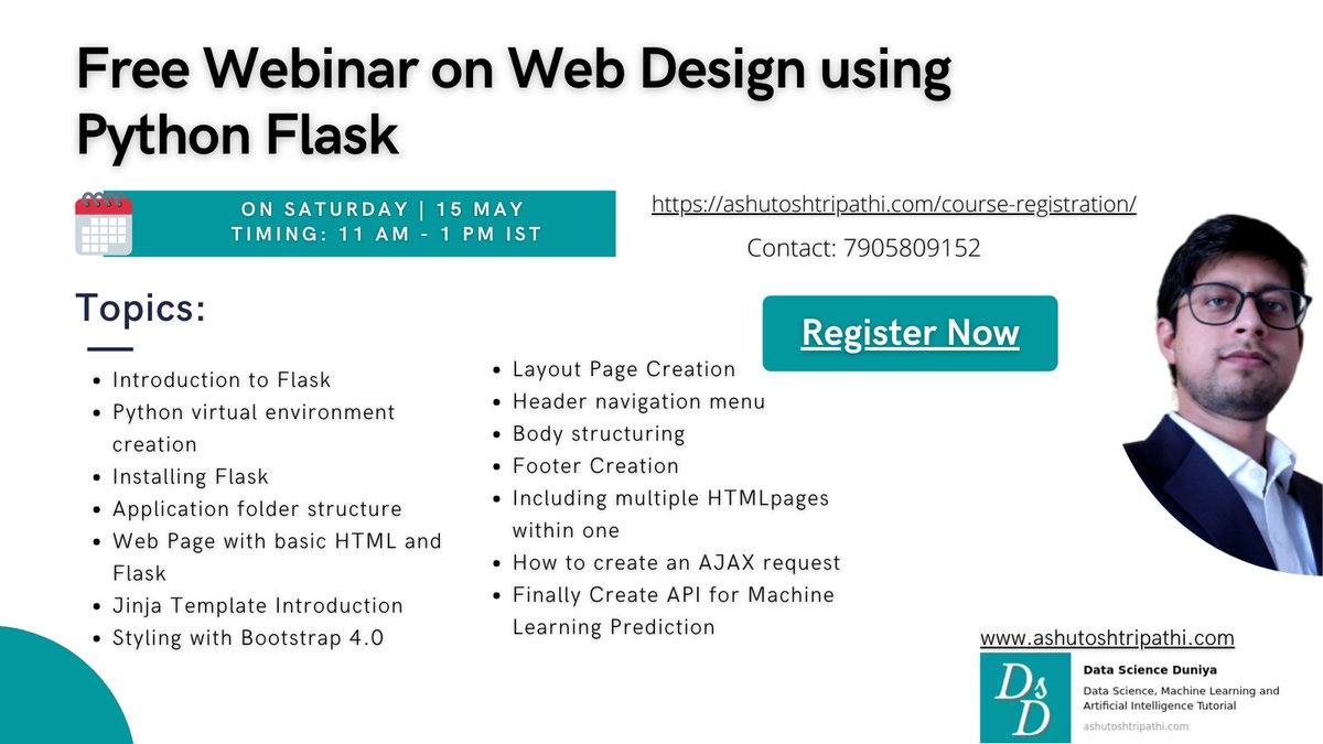 ashutosh_ai's tweet photo. Hello Everyone, 
I am conducting a free webinar on Web Design using Python and Flask on this weekend 15th May at 11 AM IST 

Please Register using the link below->
https://t.co/yntoSrrd3I

#machinelearning #webinars2021 #webdesign #ashutoshtripathi #Python #Flask https://t.co/pFEkYw4o9E