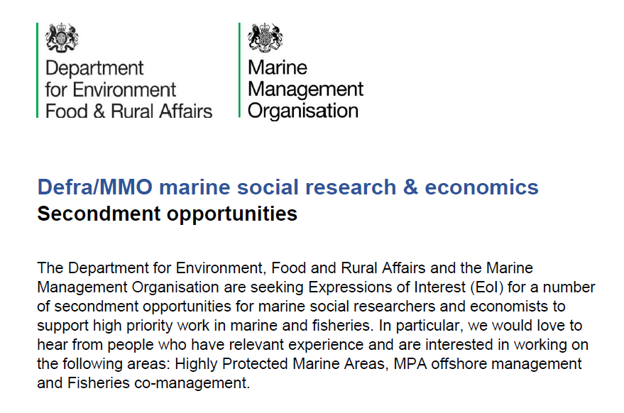socialseas's tweet photo. JOB / SECONDMENT

The marine teams @DefraGovUK and @The_MMO are looking for social scientists and economists to support high priority work in UK marine &amp; fisheries management.

Pls touch base with me for full details. I have a PDF advert I can forward.

#MarSocSci #ConSocSci https://t.co/4fgrUpDcOe