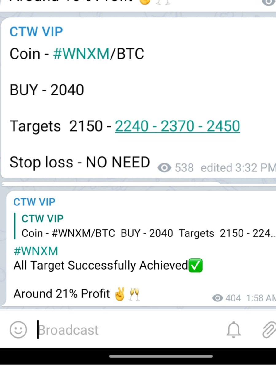 We shared #WNXM/BTC  Call in our Telegram Channel ✅ 
 21% profit   💰✅ 
Join our free Telegram Channel and get all Free Signals                                                   

Hurry up 🏃‍♂👇
telegram.me/Cryptotradingw…