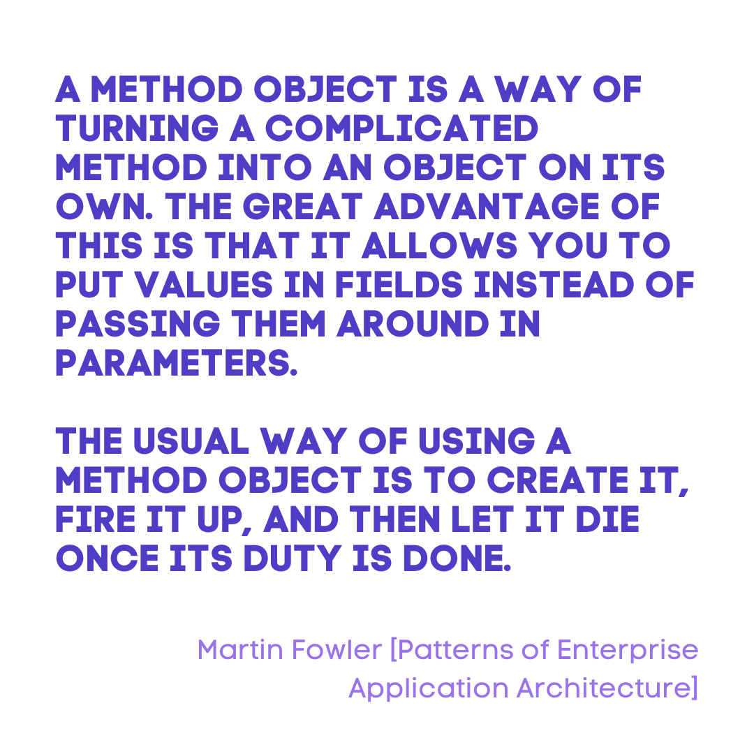 Itchimonji's tweet photo. What is a #methodobject ? #martinfowler gives an answer
.
.
#softwaredevelopment #designpatterns #developer #programming #blog #writing #articles #webdevelopment #itstuff #refactoring #angular #typescript #software #development #dependencyinversion #objectcomposition #programming https://t.co/NcQGzgjtyr