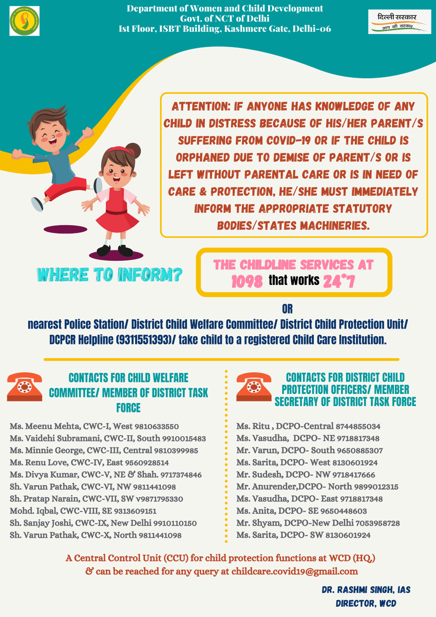 india_csj's tweet photo. Here is another list of contacts from @WCD_Delhi on who to contact in case you find a child in distress due to #COVID19. Pls RT. Lets ensure no child is endangered due to the current crisis.
#Covid19India #childprotection #indiafightscovid19together #delhi #csjindia #Covid_19 https://t.co/a5AFljNk3Z