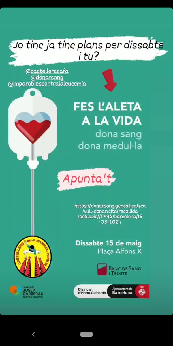 Acompanya'm aquest dissabte!
 donarsang.gencat.cat/ca/vull-donar/…

#feslaaletaalavida💚
<a href="/CastellersSAFA/">Castellers de SaFa</a> <a href="/donarsang/">Banc de Sang</a> <a href="/CarrerasIJC/">Josep Carreras Leukaemia Research Institute (IJC)</a> <a href="/bcn_hg/">Horta-Guinardó</a>