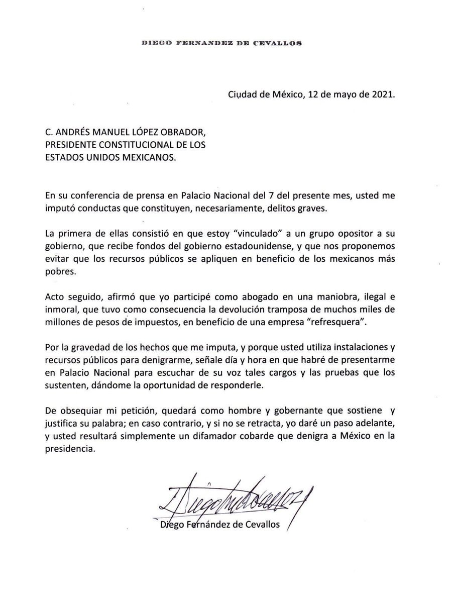 Carta de Diego Fernández de Cevallos a AMLO 
#AlAireQTF