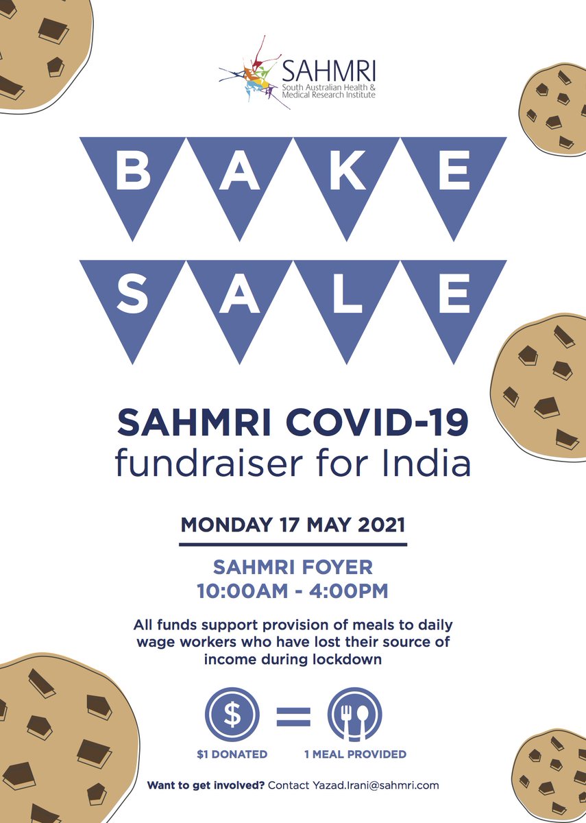 We are raising funds to support provision of meals to daily wage workers in India during the #COVID19 lockdown. Please pop into the <a href="/sahmriAU/">SAHMRI</a> building on Monday the 17th for some home baked goodies. Every $1 = 1 nutritious meal provided!