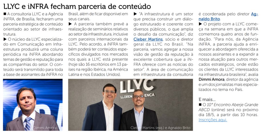 CleberLSMartins's tweet photo. A @LLYCBR e a @agencia_infra anunciam parceria para  produção de conteúdos, análises e consultoria no setor de infraestrutura. Projeto capitaneado por dois dos maiores especialistas do país: Agnaldo Brito, diretor de infraestrutura da LLYC, e @dimmiamora , fundador da iNFRA. https://t.co/XrVREYfldD