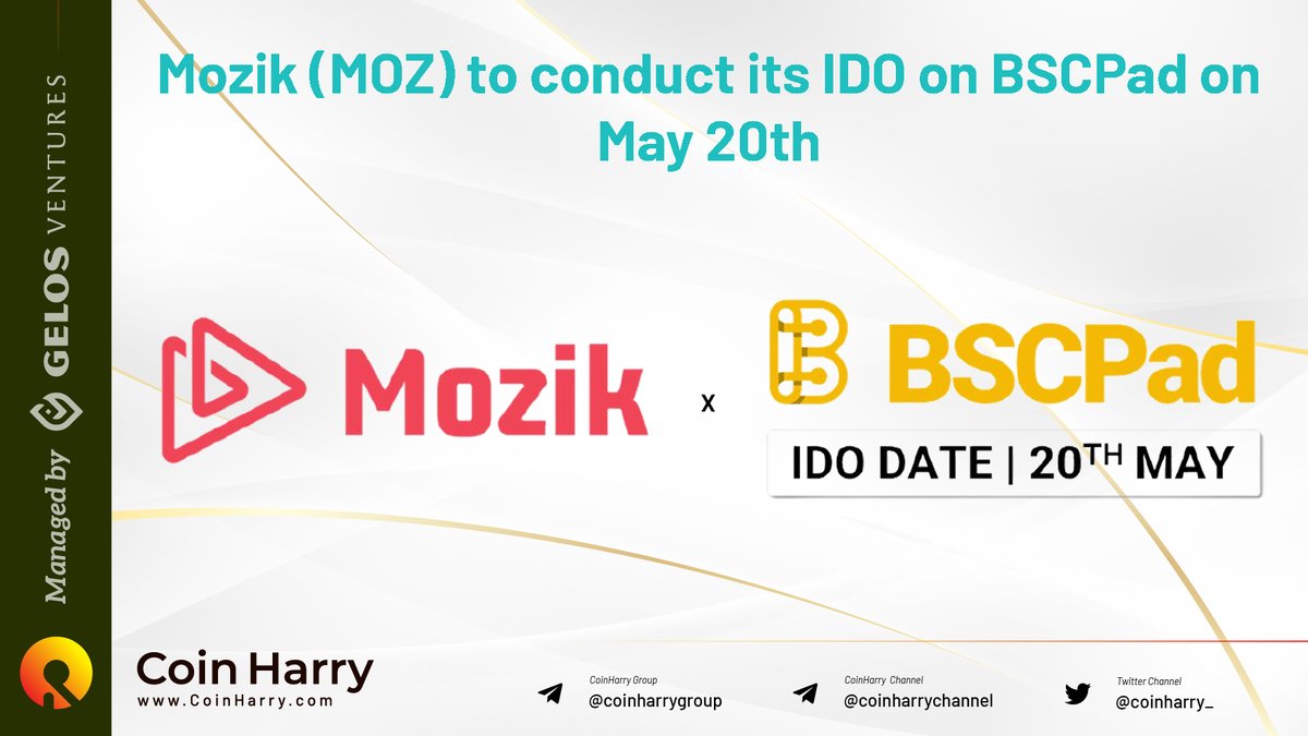 GelosGlobal's tweet photo. @MozikMoz (MOZ) to conduct its IDO on @BSCPad on May 20th!

Whitelist for BSCPad IDO is now open! Allocation Round will go live on May 20th, 8:00 AM UTC. FCFS Round to start on May 20th, 1:00 PM UTC.

👉 https://t.co/gndzuwyztu https://t.co/sJVAJnSp0R