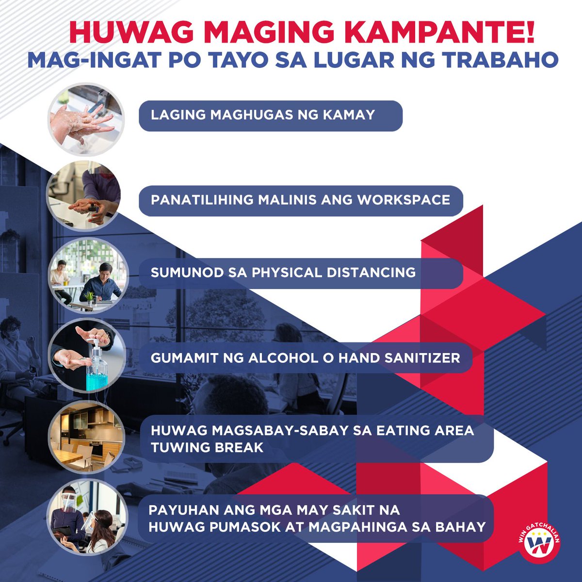 WinGatchalian74's tweet image. Paalala po sa ating mga kababayan na nagtatrabaho sa panahon ng pandemya. Mag-ingat po tayo at sumunod sa health and safety protocols para sa ating kaligtasan. #COVID19PH