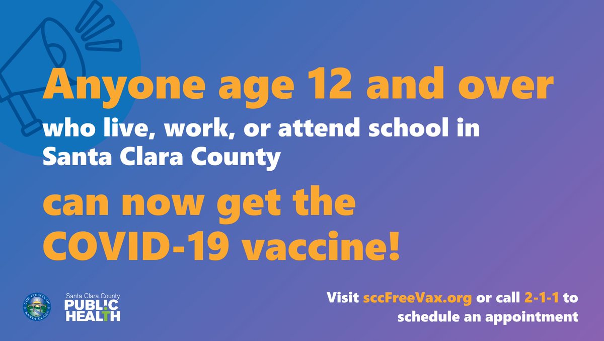 All individuals age 12 and older who live, work, or attend school in Santa Clara County are now eligible for a FREE vaccine, regardless of immigration status. To schedule an appointment, visit sccFreeVax.org or call 2-1-1