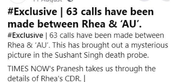ApurvaU21's tweet photo. Why 63 calls made between Rhea and AU ? 
Why isn't AU being interrogated? Why ain't kingpins gotten hold of ? Does it take so long in imposing 302 in a clear cut Murdér case ?
@PMOIndia @HMOIndia @DoPTGoI
@ips_nupurprasad
SUSHANT JUSTICE MATTERS https://t.co/i2Rba0mOkU