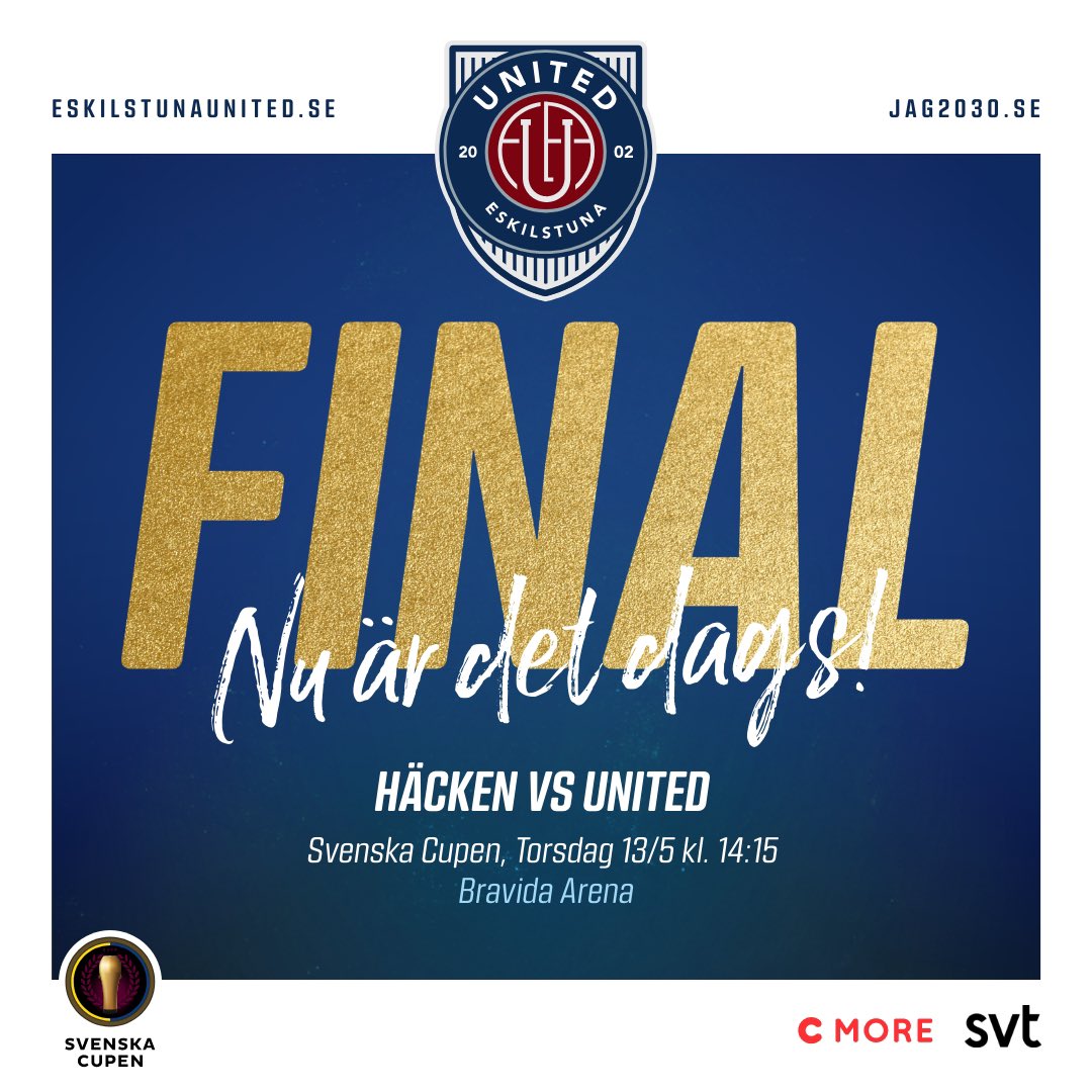 Idag är det FINALDAG! 

BK Häcken - Eskilstuna United DFF
Tid: 14:15

Heja på Unitedtjejerna och se matchen på SVT eller på Cmore. Nu kör vi! 

#ViÄrUnited
