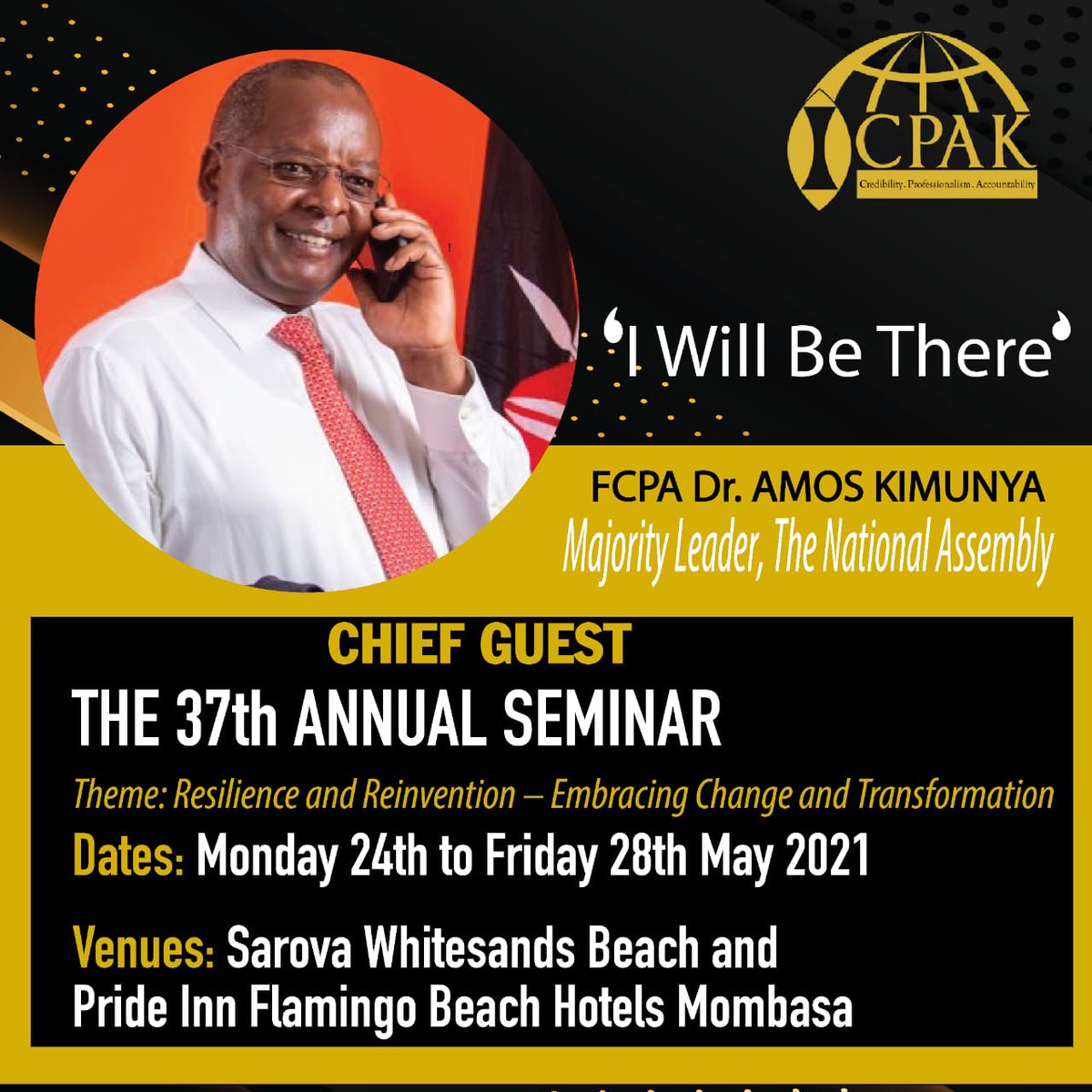 Please join us for the #37ICPAKAnnualsem running from 24th-28th of May 2021 with keynote speaker FCPA, Dr. Amos Kimunya~ Majority Leader- The National Assembly.
See details via icpak.com/register/regis…
