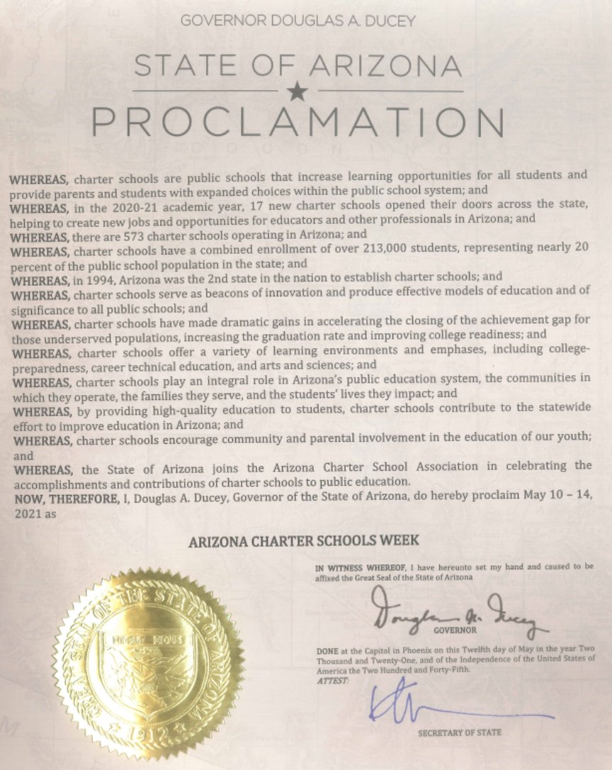 It's official!  Governor @DougDucey has declared May 10 - 14, 2021, Arizona Charter Week, in celebrating the accomplishments & contributions of charter schools to public education. @charteralliance  #AzChartersChangingLives #ArizonaCharterWeek #NationalCharterSchoolsWeek