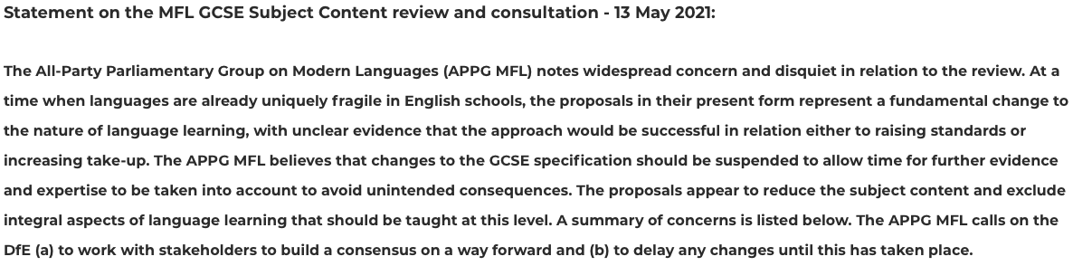 APPGML's tweet image. The @APPGMFL with 16 organisations representing teachers, school leaders and linguists today call on @educationgovuk to delay MFL GCSE reform and work with stakeholders to reach a consensus. Read the APPG statement/add your support at appgmfl-gcse2021.weebly.com #LanguagePolicyUK