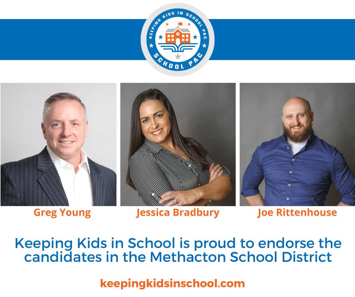Keeping Kids in School is PROUD to endorse 3 School Board Candidates in the Methacton School District!

Please VOTE on May 18th for:
Greg Young
Jessica Bradbury
Joe Rittenhouse

Bios: bit.ly/3dctlEr
Social Media: bit.ly/2OGMvZq
