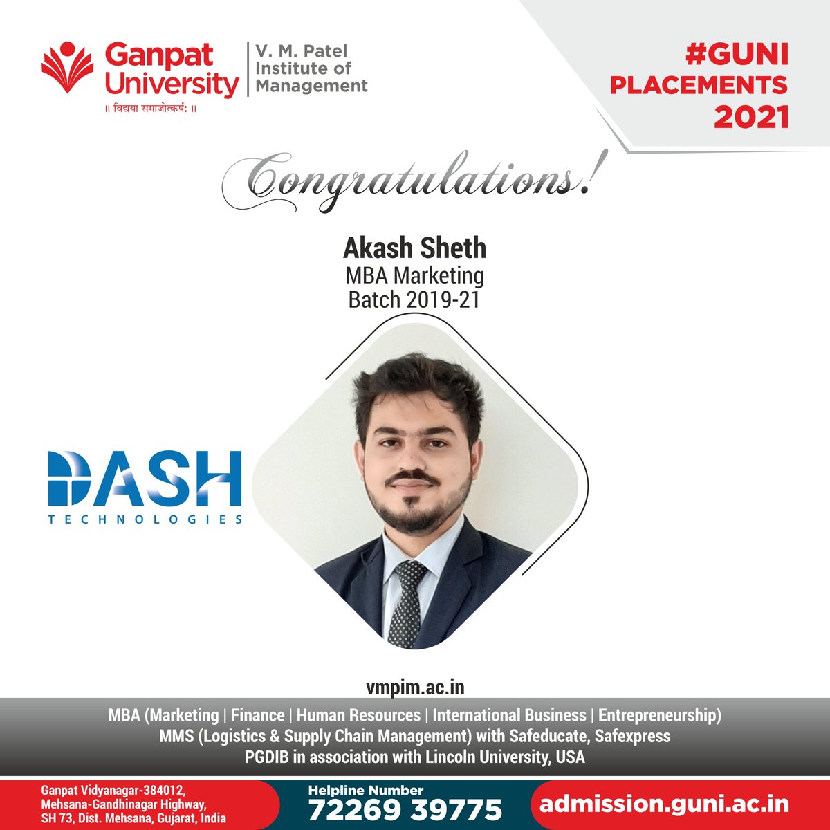 VMPatelInstitu1's tweet photo. We are proud to announce that our student Akash Sheth got selected for Dash Technologies Congratulations to you Akash! We wish you a successful future.
#Campus #Placements #proudmoment #marketing #dashtechnologies #GUNI #VMPIM #Management #Students #GanpatUniversity https://t.co/yapmFgbpI7