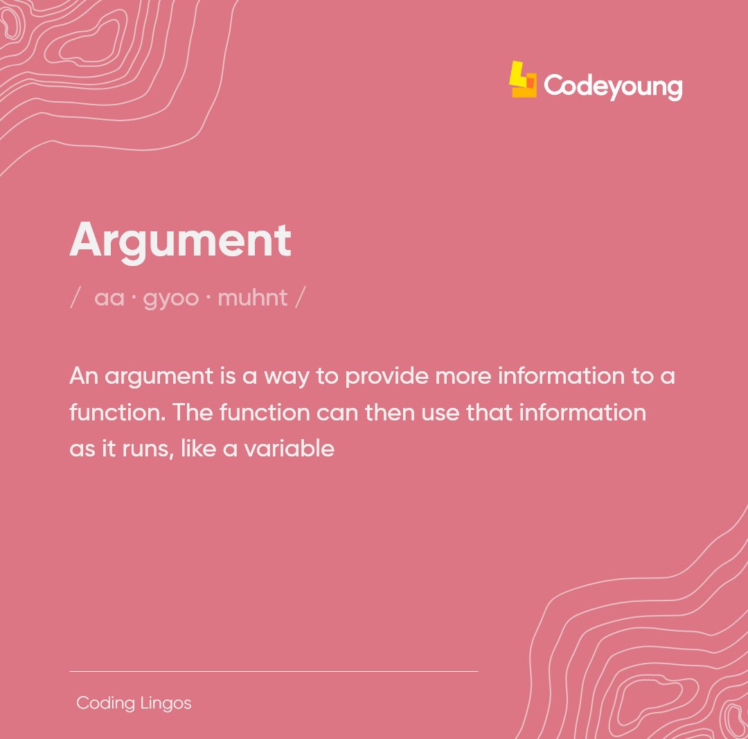 Codeyoung_india's tweet photo. In Today's Coding Lingo - Argument.

#codingterms #codinglingos #codingwords #words #vocublary #codingwords #coding #coders #programmers #programming #coderlife #codingforkids #pyhton #javascript #html #technology #tech #codingisfun #codeyoung #coderalbum #codebreak #mastercoder https://t.co/4Rqcv0caX8