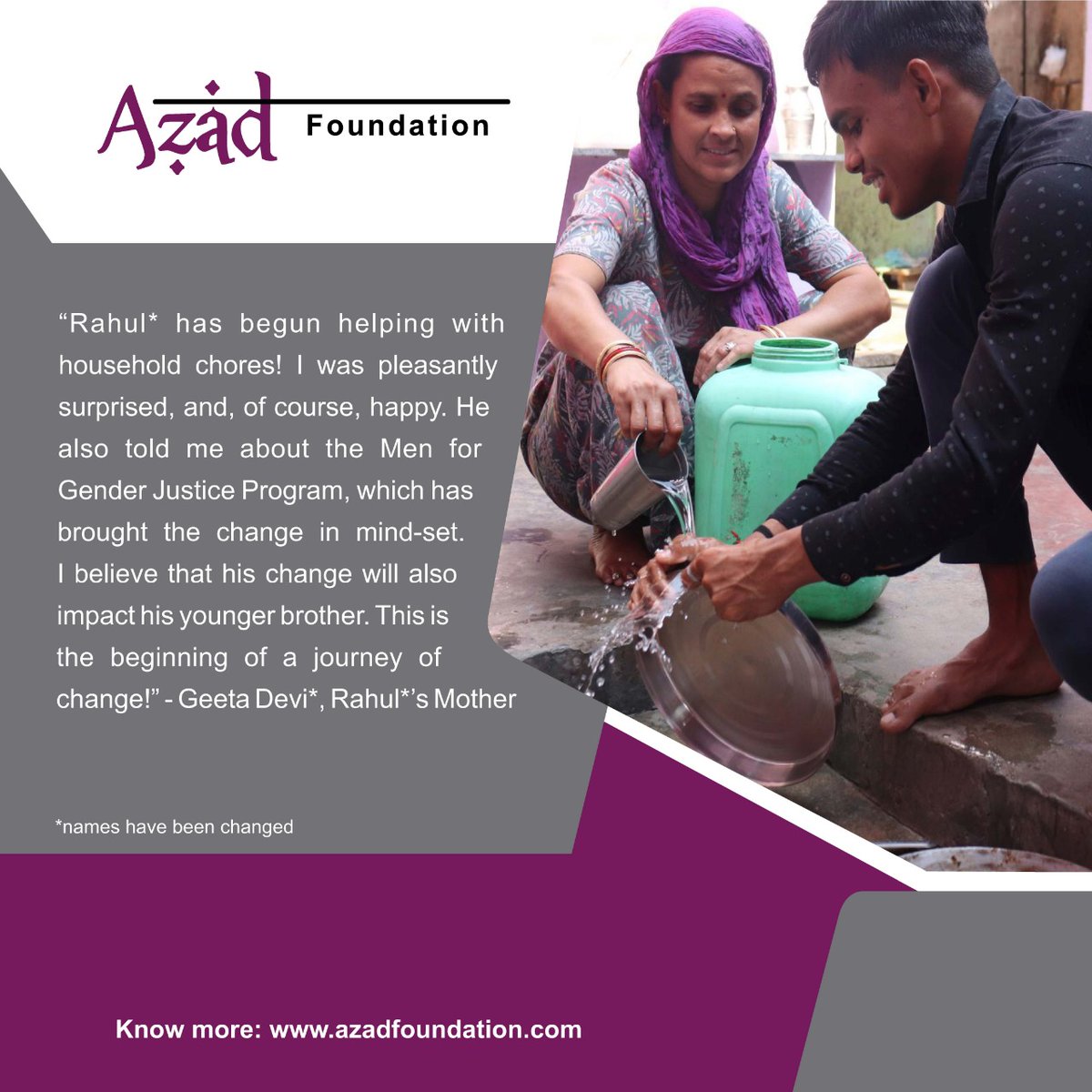 FoundationAzad's tweet photo. Many a quantitative allocation has been made to attribute value to household chores but what is critical is its recognition &amp; respect as work. Men from Azad's program are making a beginning to respect and redistribute household work, to Change the Narrative! #MainAzadHoon https://t.co/6LiNr0mq96