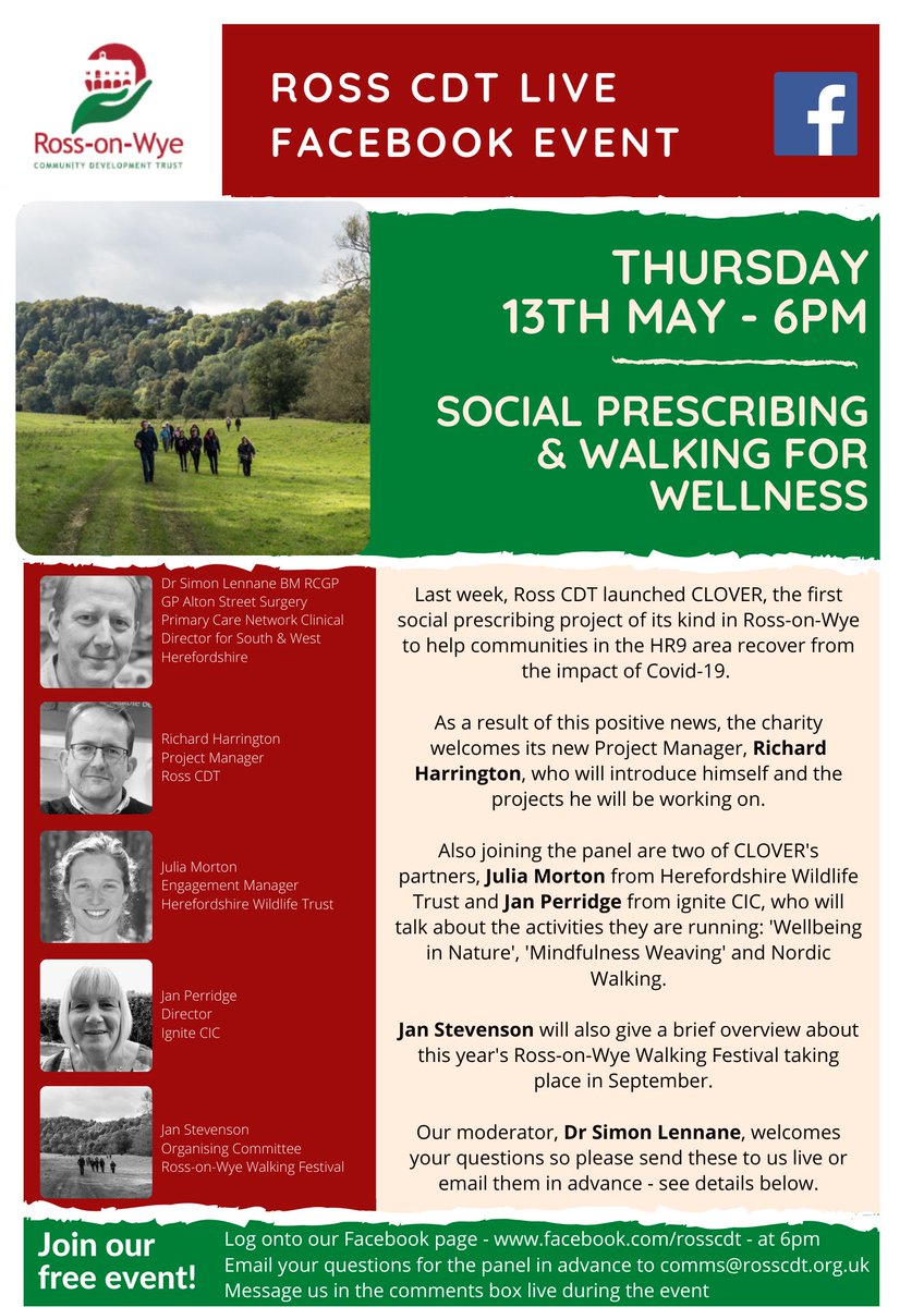 Join us tonight at 6pm for another FB Live.  @SimonLennane is joined by @igniteHFD, @HerefordshireWT and @RossWaW to discuss our new #socialprescribing project & walking for #wellness.

#rossonwye #cloverHR9 #community #nordicwalking  #willowweaving #nature #wildlife #mindfulness