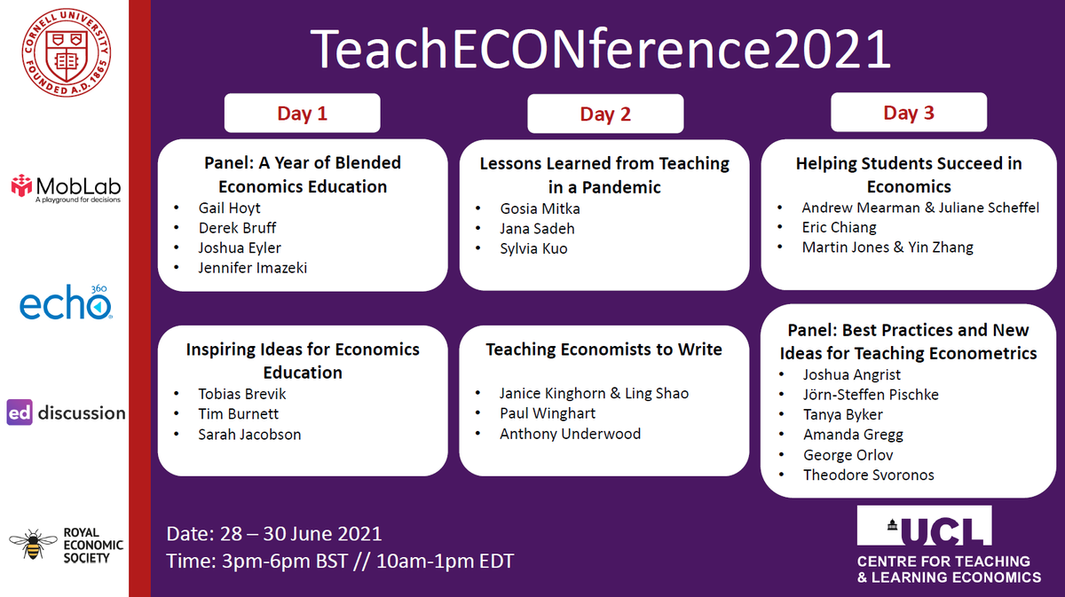 CTaLE_'s tweet photo. Registration for our 2nd annual virtual conference on economics education, #TeachECONference2021, is now open! Everyone is welcome to join us
We will spotlight session presenters and Networking Mixers in the coming weeks - stay tuned
📅28-30 June
Link: https://t.co/xPt9BV8BHe https://t.co/AEdLnpfpME