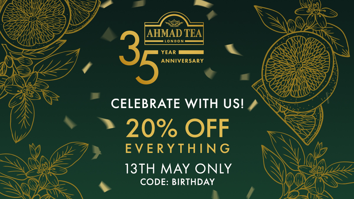 Today is our birthday! Celebrating 35 years of Ahmad Tea we are offering 20% off everything on our online shop. Use code BIRTHDAY until midnight... uk.ahmadtea.com