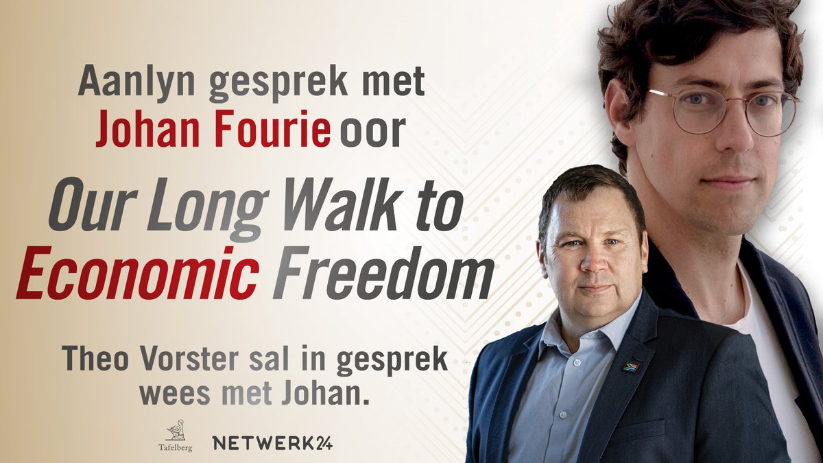 ▶️KYK | @NBPublishers &amp; <a href="/Netwerk24/">Netwerk24</a> nooi jou na ’n gratis aanlyn gesprek met <a href="/JohanFourieZA/">Johan Fourie</a> oor sy boek, Our Long Walk to Economic Freedom. <a href="/sakegesprek/">Theo Vorster</a> sal met hom gesels. Die gesprek word  vanaand om 20:00 GRATIS op Netwerk24 uitgesaai. ➡️  bit.ly/3tDcJu