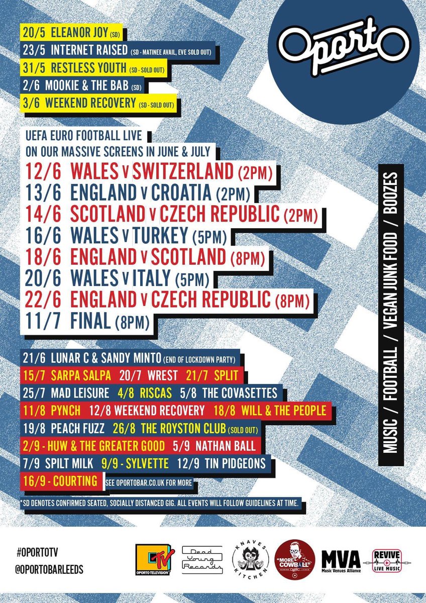 Live audiences return to Oporto after a 14 month absence ❤

Tickets flying out, many gigs sold out or close. We’re working closely with guidance &amp; <a href="/musicvenuetrust/">Music Venue Trust</a>'s #ReviveLive campaign to ensure the best time for all 👌

oportobar.co.uk for tickets, booking &amp; info 🎉