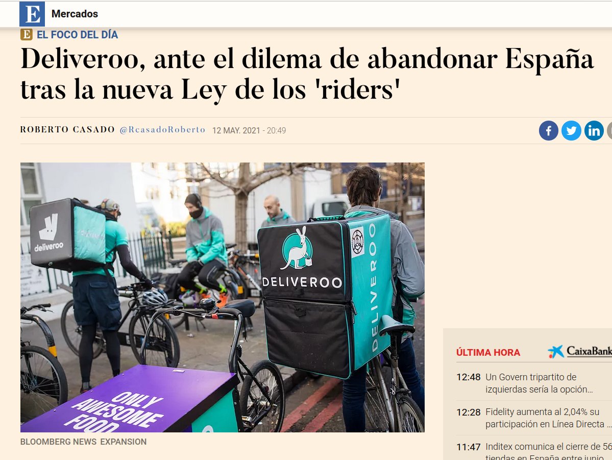 Traduzco: Deliveroo, ante el dilema de abandonar España tras ser obligado dejar de explotar a gente y saltarse el Estatuto de los Trabajadores.
También podría ser: Deliveroo reconoce que su modelo de negocio no es rentable dentro de la legalidad.