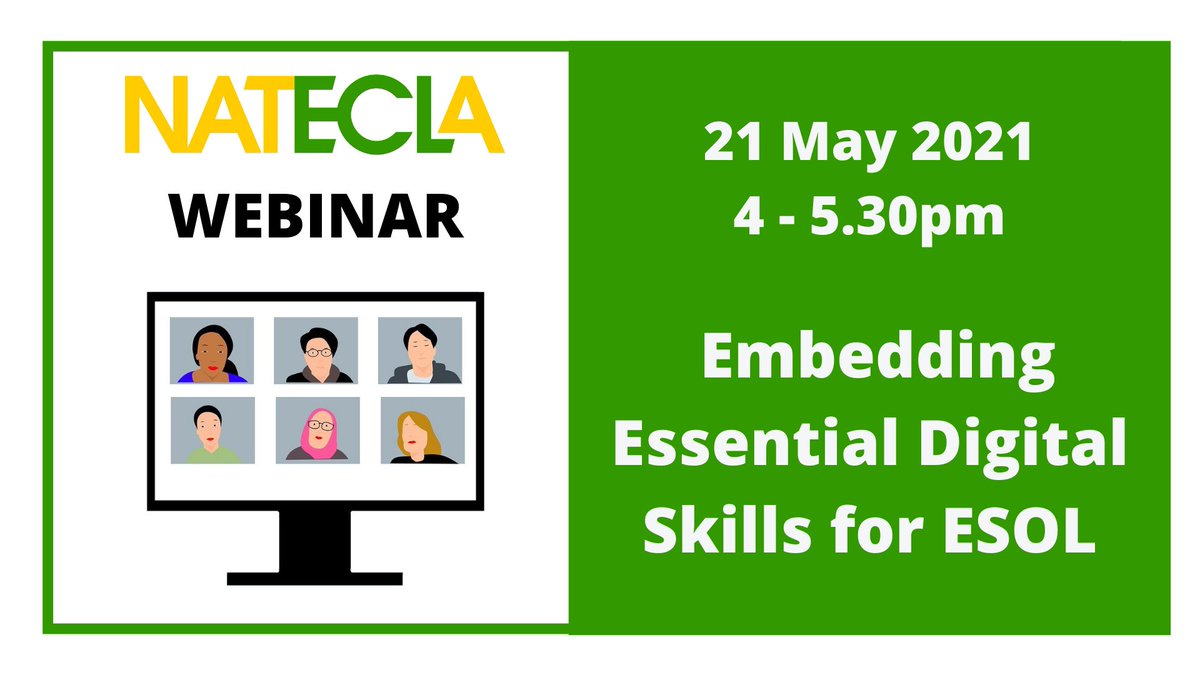NATECLA National Centre (@natecla) on Twitter photo Places are booking fast for next week's webinar on Friday 21 May:
**Embedding Essential Digital Skills for #ESOL**
delivered by <a href="/ChloeFibonacci/">Chloë Hynes #FEreadingCircle📚 #AmplifyFE📢 #ATS</a> and @SusieESOL
only £5 for #NATECLA members Places are booking fast for next week's webinar on Friday 21 May:
**Embedding Essential Digital Skills for #ESOL**
delivered by <a href="/ChloeFibonacci/">Chloë Hynes #FEreadingCircle📚 #AmplifyFE📢 #ATS</a> and @SusieESOL
only £5 for #NATECLA members