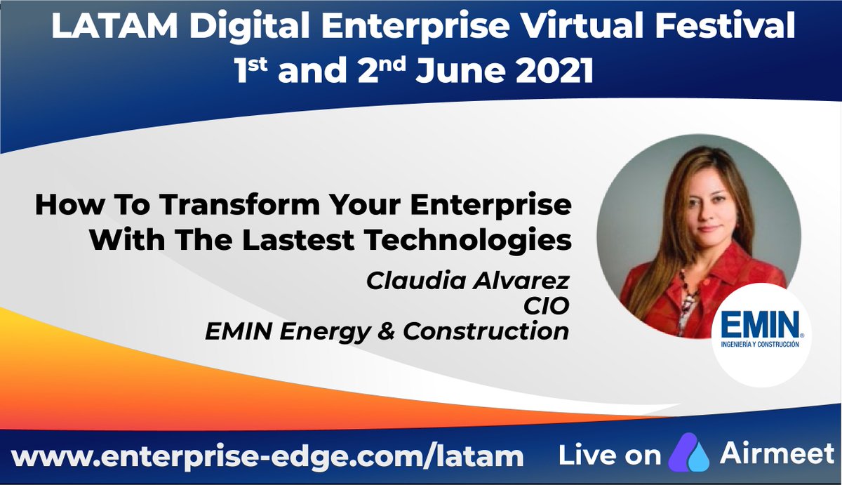 DigiEntFest's tweet photo. Claudia Alvarez CIO at @EminConstruct  will be presenting about...

"How To Transform Your Enterprise With The Latest Technologies"

At our LATAM Digital Enterprise Virtual Festival on 1st &amp; 2nd June.

Sign up for a FREE event pass here :)

https://t.co/KP9DtyMJpT https://t.co/jpoAHcNJGQ