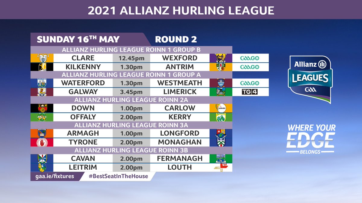 Only two more sleeps until the return of #AllianzLeagues Football! 

This weekend, Round 1 of the Allianz Football League begins. Take a look below for the fixtures and to find out where you can watch them!

#BestSeatInTheHouse #GAABelong
