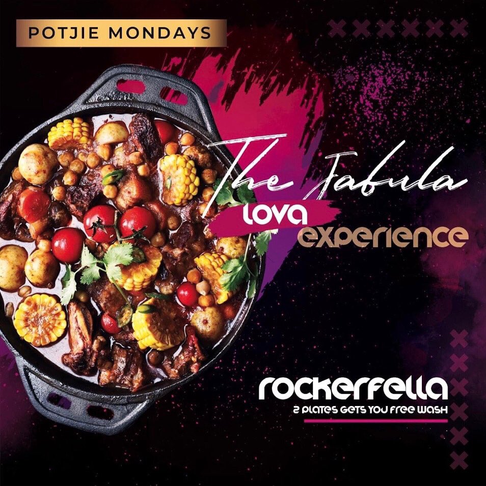 Rockerfella | Soweto 🍻 (@rockerfella_swt) on Twitter photo 📅 Monday, 17 May 2021
🥘🥘🥘 POTJIE MONDAYS 🥘🥘🥘
The Jabula lova Experience
NB: x2 Plates Gets You a Free Carwash 💦🚗
📍<a href="/Rockerfella_SWT/">Rockerfella | Soweto 🍻</a> | #RFS 📅 Monday, 17 May 2021
🥘🥘🥘 POTJIE MONDAYS 🥘🥘🥘
The Jabula lova Experience
NB: x2 Plates Gets You a Free Carwash 💦🚗
📍<a href="/Rockerfella_SWT/">Rockerfella | Soweto 🍻</a> | #RFS