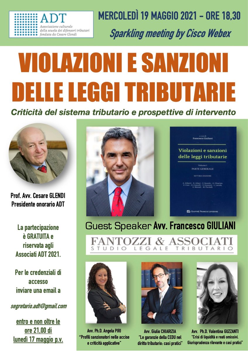 Mer 19/05 (h 18:30) Associazione culturale scuola dei difensori tributari ospiterà webinar su criticità e prospettive del sistema fiscale. Tra i relatori <a href="/GiulianiAvv/">Francesco Giuliani</a>, partner di <a href="/StudioFantozzi/">Fantozzi e Associati</a>, insieme ai colleghi Giulio Chiarizia, Valentina Guzzanti e Angela Piri