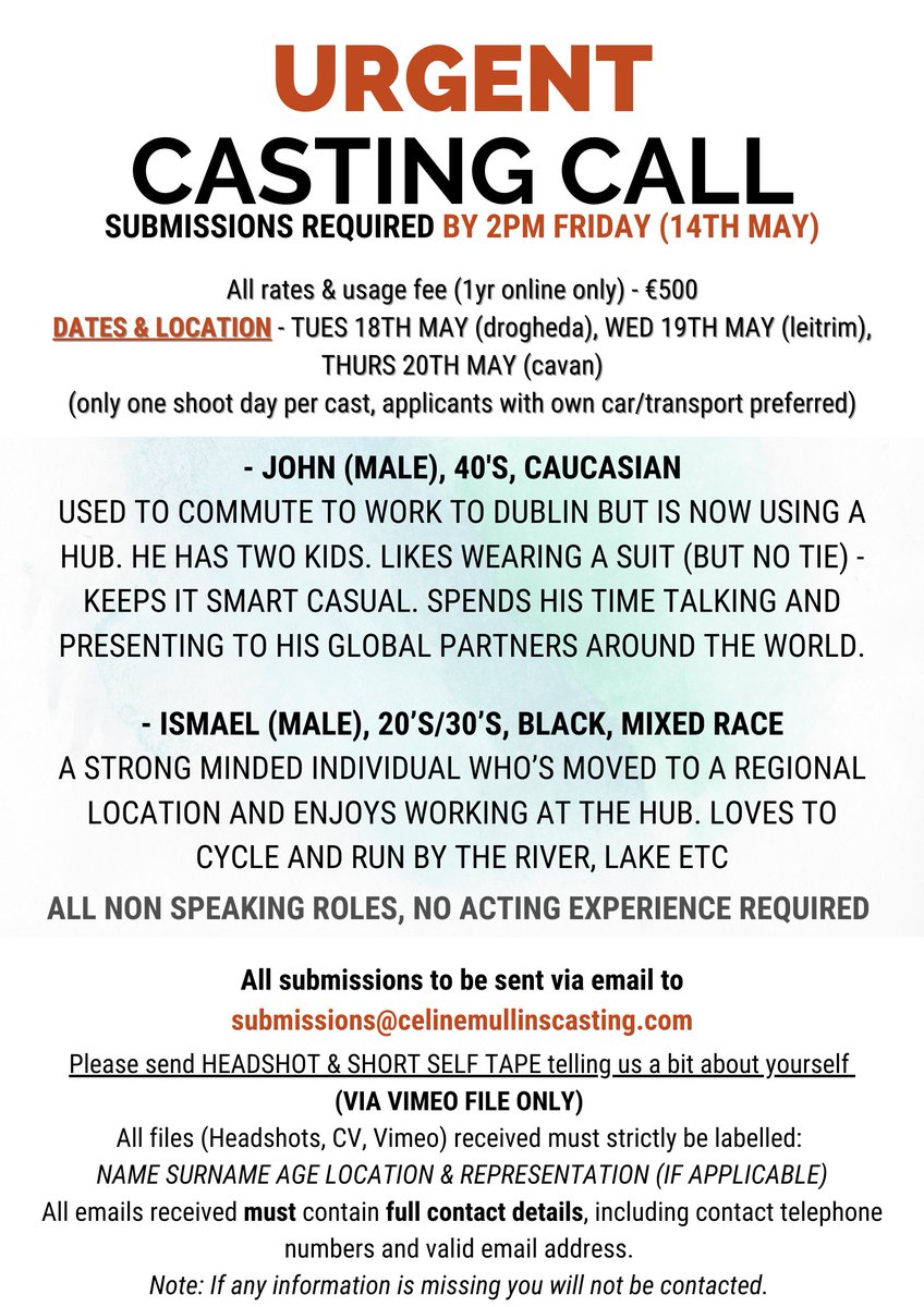 *URGENT CASTING - PAID - DROGHEDA, CAVAN, LEITRIM*

Must have own car/transport, particular interest in submissions for JOHN, MALE, 40's, CAUCASIAN, no acting experience required. #jobfairy #irishactor