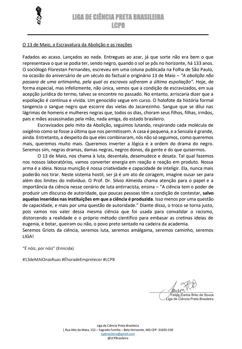 souzafcb's tweet photo. Segue o manifesto que escrevi em nome da @LCPBrasileira que representa um pouco o que sentimos no dia de hoje...
#13deMaioNasRuas #LCPB https://t.co/K6EE6iS3Cd