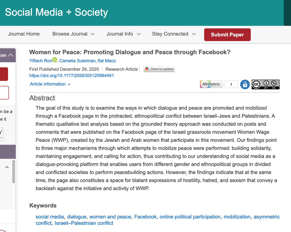 Un article sur le conflit dit "israélo-palestinien", moins symétrique qu'il n'y paraît : il montre comment les femmes juives et arabes luttent sur Facebook pour la paix, contre le patriarcat, le racisme. J'avais fait un compte rendu audio : anchor.fm/conversations-… #palestiniens
