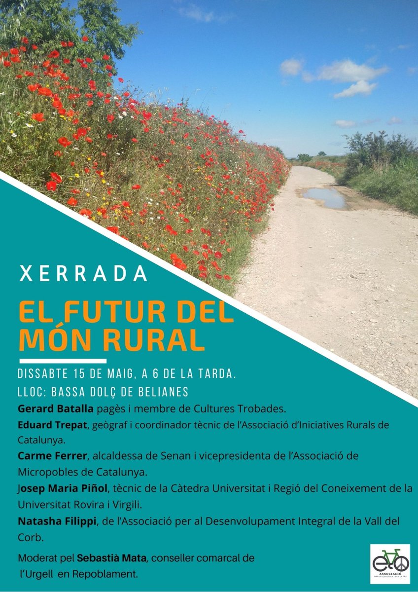 Aquest dissabte seguim amb el programa d'activitats! Dissabte podreu gaudir de la xerrada "El futur del món rural" a les 18h a la Bassa Dolç de Belianes!
Us hi esperem!